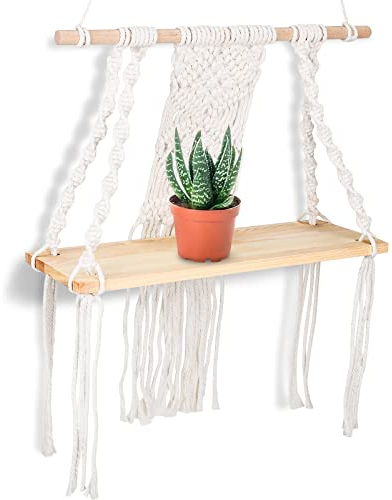 Fabaoday Wandregal Holz Makramee Wandbehang Regal Wand Boho Deko Schweberegal Quaste Handgewebte Natürliches Treibholz Hängeregal Chic Schwimmende Regale Für Wohnzimmer Schlafzimmer Badezimmer