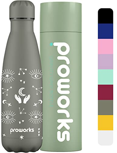 Proworks Edelstahl Trinkflasche | 24 Std. Kalt und 12 Std. Heiß - Vakuum Wasserflasche - Isolierflasche für Sport Laufen Fahrrad Yoga und Camping - 500ml - Schwerkraftgrau - Boho Frühling