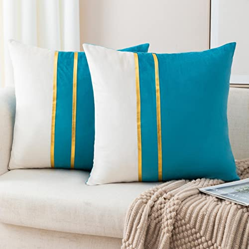 ZLINA 2 Stück Samt Dekorative Kissenbezüge See Blau Weiß Patchwork mit Gold Leder Kissenbezüge 61 × 61 cm Kissenbezüge Dekor Wohnzimmer Sofa Schlafzimmer Auto
