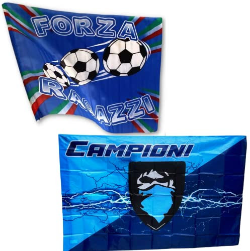 NARAMAKI Bandiera Napoli Forza Ragazzi 50x70 cm + Bandiera Campione 90x140cm - Kit Calcio Napoli