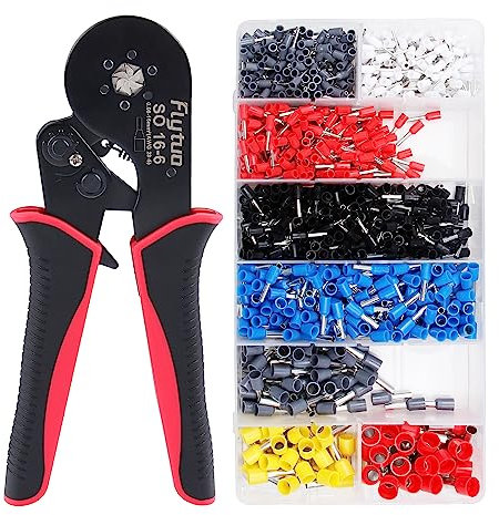 Flytuo Kit de crimpado de virola hexagonal, juego de alicates de crimpado de trinquete autoajustables para 0,08-16 mm² (AWG 28-5), incluye 1200 conectores de crimpado de terminales de alambre