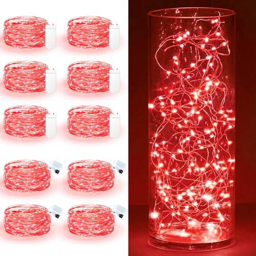 Maxee 10 Stück 3M Rot LED Lichterkette Batterie, Wasserdicht für DIY, Party, Stimmung Lichter, Weihnachtsdeko, Innen- und Außenbereich Deko, 4 Stück Quadratische + 6 Stück Flache Lichterkette