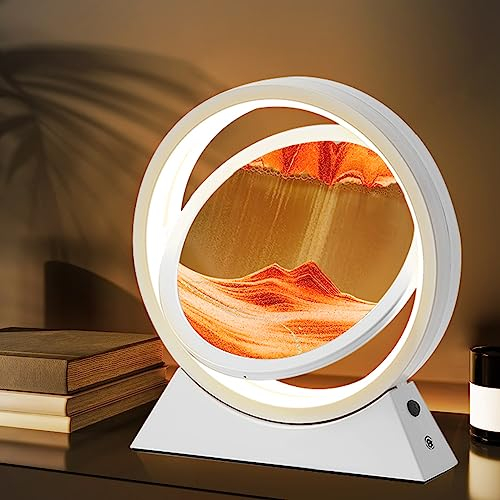 Ulikey Sandbilder Zum Drehen, 3D Dynamische Sandbild mit Led Licht, 10 Zoll Bewegende Sandkunst, Fließende Sandkunst für Erwachsenes Kinder, Bewegliches Sandkunstbild Landschaft (Weiß und Gelb)