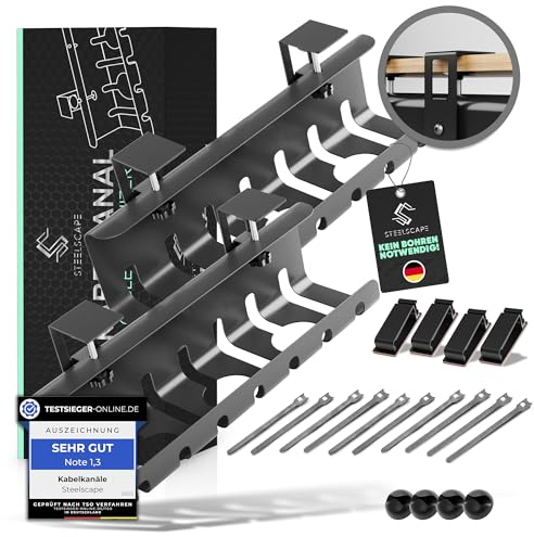 Steelscape Kabelkanal Schreibtisch zur optimalen Kabelführung [OHNE Bohren] - Kabelmanagement Schreibtisch - Kabelhalter Schreibtisch Kabel Management für Schreibtisch 2er Set Schwarz