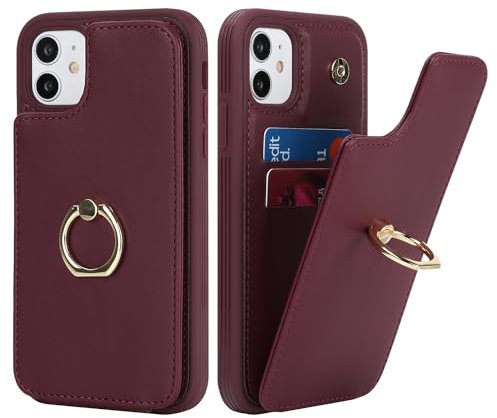 SailorTech für iPhone 11 Handyhülle mit Kreditkartenhalter für Frauen, iPhone 11 Hülle Ring-Ständer Kartenschlitze Standfunktion Modische Tasche für Männer - Burgunderrot