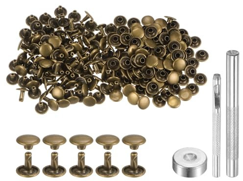 QUARKZMAN 100 Juegos Remaches de Cuero 8 x 9 mm Remaches de Metal de Doble Tapa Broches de Presión Sujetadores con 3 Herramientas de Instalación para Cuero Manualidades Bronce