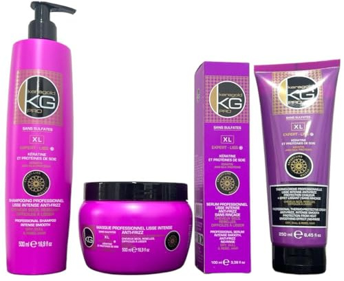 KERAGOLD PRO – Pack Ultime Premium Gamme XL – Sans Sulfates – Shampoing 500ml + Masque 500ml + Sérum 100ml + Soin Sans Rinçage – Kératine & Protéine de Soie – Lissage, Douceur & Brillance