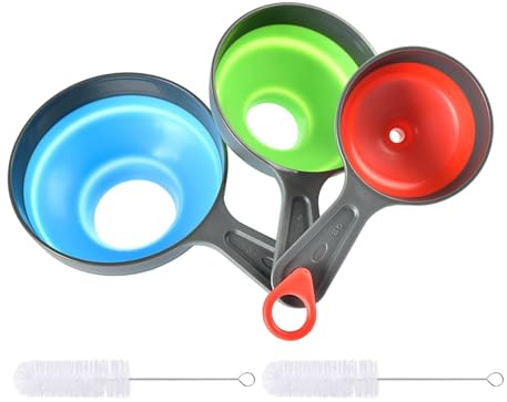 Juego de 3 embudos de silicona, embudo plegable de 3 piezas con 2 cepillos de limpieza blancos, embudo de cocina, embudo plegable, embudo de setas, embudo de mermelada, gran apertura