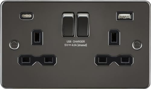 13A 2G SP Switched Socket with Dual USB A+C (5V DC 4.0A shared) - Gunmetal with Black Insert