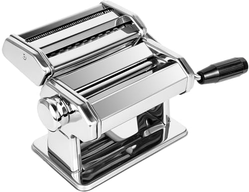 Macchina per la pasta manuale in acciaio inox con 7 impostazioni di spessore regolabili, manovella e istruzioni per spaghetti, fettuccini, lasagne