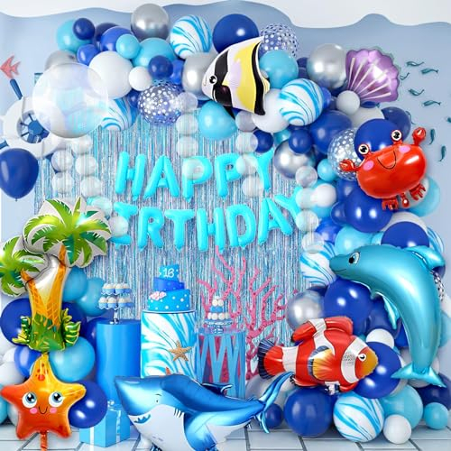 Toyssa Unterwasserwelt Geburtstag Deko Meer Party Deko mit Luftballon Girlande Blau Fische Hai Helium Ballons Lametta Blaue Ozean Kindergeburtstag Dekoration Party Zubehör für Mädchen Jungen Kinder