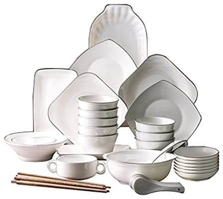 CRBUDY Ensemble d'assiettes à dîner de 42/50/66 pièces, Ensemble de Couverts de Cuisine en céramique – pour Micro-Ondes, Four et Lave-Vaisselle, Convient pour 7 à 12 Personnes