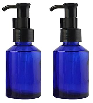 2 PCS 60ml/2oz Blue Glass Lotion Pump Dispenser Bottles Sample Travel Makeup Cosmetic Storage Containers Vials Jar for Emulsion Essence Toiletries