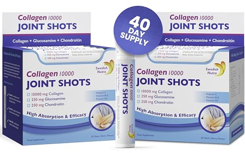 Swedish Nutra 10,000 mg Liquid Collagen Joint Shots, 2 Boxes, 40 Day Supply | Type 1, 2 & 3 collagen joint shots with glucosamine, MSM, chondroitin & turmeric for mobility; natural flavour, sugar-free