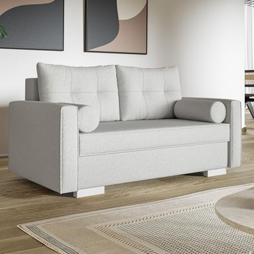 MOTIVENA Vienna 2 Sitzer Sofa mit Schlaffunktion, Schlafsofa 160 cm Breit, Sofa 2 Sitzer, 2er Sofa, Sofa Klein, Keine Couch, Schlafsofa 2 Sitzer, Taschenfederkern (H3), Boucle Sofa Milch (Weiß)