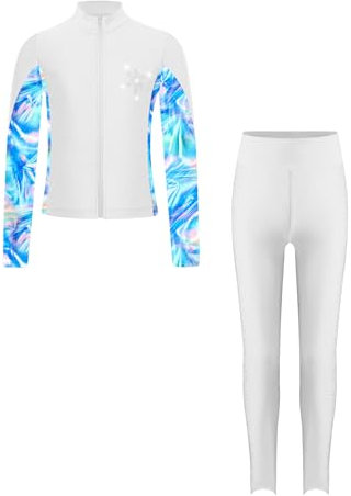 Sxiwei Kinder Mädchen Sport Set Zweiteiliger Sport Eiskunstlauf Anzug Langarm Sweatjacke mit Strass Leggings Trainingsanzug Sportswear Weiß 134-140