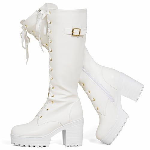 Voviggiw Botas altas hasta la rodilla con plataforma para mujer, con cordones, tacón grueso con hebilla y cremallera lateral, botas de motociclista, White, 37 EU