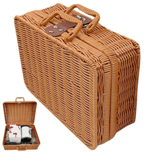 Lamppdcor Mini -Picknickkorb Kleiner Picknickkorb mit Deckel, 8,7x6.3x3.9 Rattan -Weben -Picknickkorb, Plastikmorb mit Griff, Picknickkorb mit Lederbandschlos