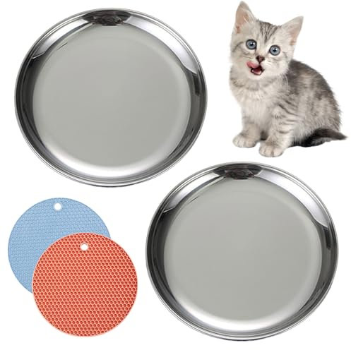 RMNHPTK Platos de Comida para Gatos, Cuencos de Acero Inoxidable para Gatos con Alfombrillas Antideslizantes, 2 Unidades, pequeños
