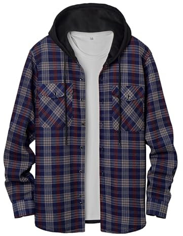 QIXING Herren Kariertes Flanellhemd Winter Hemd Warm Langarm Fleece Hoodie mit Knopfleiste Herren Holzfällerhemd mit Kapuze(Grau Rot, M)
