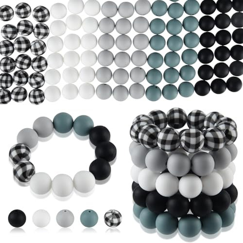 ASTARON 100 Stück 15 mm Silikonperlen zur Herstellung von Schlüsselanhängern, grau, schwarz, weiß, runde Perlen für Armbänder, Stifte, Basteln, Schmuckherstellung