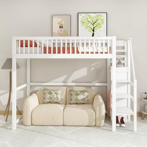 YESGIGA Cama alta 90 x 200 cm con escalera, cuna blanca de madera con estante de almacenamiento, armario sencillo (blanco, 90 x 200 cm)
