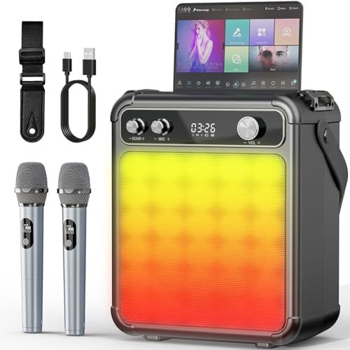 Machine de karaoké pour Adultes avec 2 Microphones,Enceinte karaoké Professionnelle Portable bluetooth avec Les lumières LED,idéale pour Les fêtes de Famille et Les Cadeaux. Support USB/TF/AUX/MIC/TWS