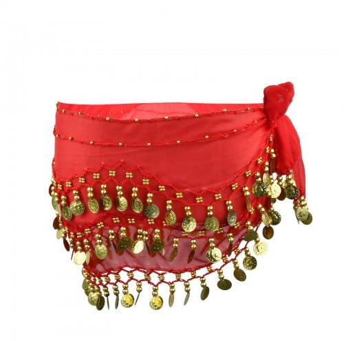 Damen Bauchtanz Gürtel, Professionelles Bauchtanz Kostüm Chiffon Hüfttuch mit 128 Goldene Münzen, Tanztuch Bauchtanz Rock