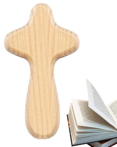 Générique Handkreuz – kleines Holzkreuz zum Aufhängen, kleines Holzkreuz aus Kiefer in Handarbeit | Kruzifix aus Olivenholz mit gewebtem Leinensack in Palm hält das Kreuz in einer Tasche zum Gebet