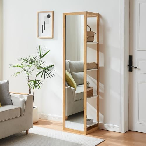 [en.casa] Étagère sur Pied avec Miroir Intégré 2 in 1 Meuble de Stockage 4 Compartiments Ouverts Rangement Peu Encombrant pour Chambre Salle de Bain Entrée Bambou MDF 170 x 40 x 35 cm Naturel Blanc