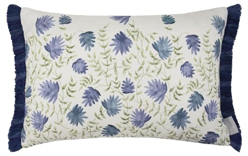 Voyage Maison Elai Feather Filled Cushion – Watercolour Floral Block Print Ruche Trim Boho Country Décor (Denim - 40x60cm)