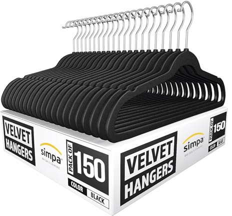 simpa Heavy Duty Velvet Non-Slip Suit Clothes Shirts Hangers 360 Degree Swivel Hook 150-Pack, Black/Silver