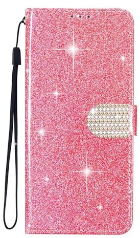 SEHEYA for iPhone XS Max Glitter Wallet Case Premium PU Leather TPU Shiny Sparkly Flip Cover with Card Holder Rhinestone Design Magnetic Closure Bling Buckle Purse, Pink