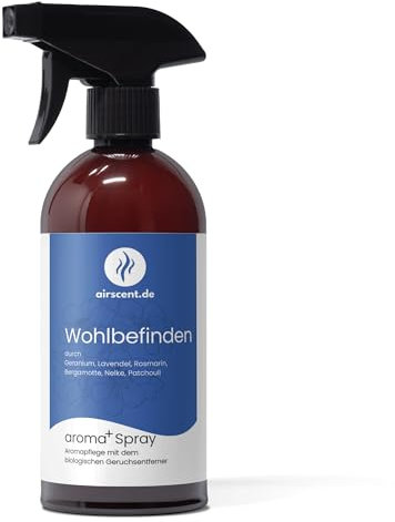 Wohlbefinden Geruchsentferner Spray – Bio Raum- & Textilspray mit ätherischen Ölen – Geranium Lavendel Rosmarin Bergamotte Nelke Patchouli – Aromapflege Duftspray 500 ml
