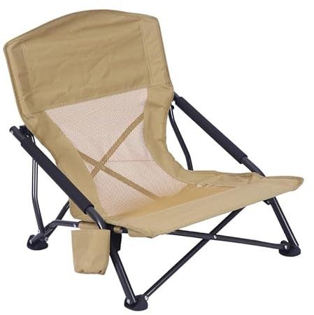 Runstarshow Strandkörbe, niedrig, zusammenklappbar, leicht, Campingstuhl, tragbar, Liegestühle, Outdoor-Sonnenliege mit Getränkehalter, Netzrücken, gepolsterte Armlehnen, unterstützt bis zu 136 kg