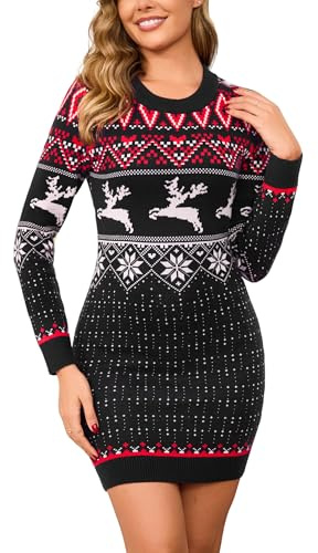 Wayleb Robe Pull de Noël Femme - Tricot Chaud d'hiver avec Motifs Renne et Flocons - Robe d'hiver Chic et Élégante à Manches Longues et Col Rond S-3XL