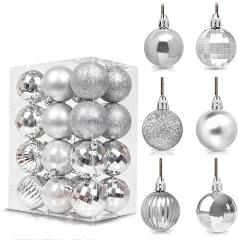 24Pcs Silvery Baubles for Christmas Tree,6cm Shatterproof Plastic Christmas Balls Ornaments with Strings,6 Design Xmas Baubles Hanging Balls for Xmas New Yew Wedding Holiday Party Decor
