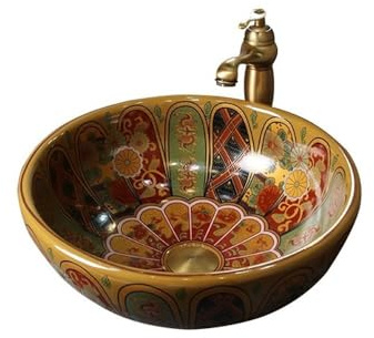 WANGHAI-666 Waschbecken im Badezimmer 40 * 40cm Runde Retro Licht Luxus Waschbecken Bad Keramik Arbeitsplatte Kunst