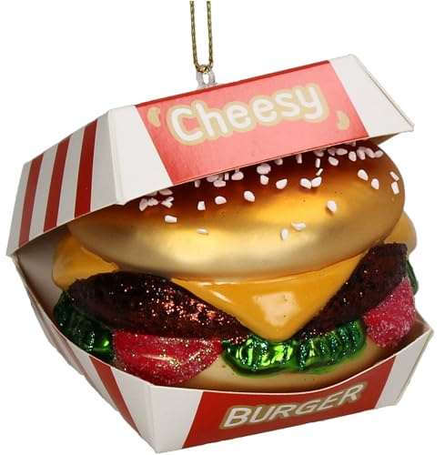 Christbaumschmuck Glas 8cm - Cheeseburger Figur zum Aufhängen - handbemalt & mit Glitzer - Weihnachtsbaum Anhänger für Weihnachten - Christbaumanhänger & Weihnachtsbaumschmuck - Gold Rot Weiß