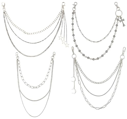 Hosenkette Herren, Chrome Hearts Stil, 4er Set Mit Moon, Kreuz Und Mehrfach Ketten, 35-45 cm, Wallet Chain, Hosen Kette Damen, Schlüsselkette, Hosen Ketten Männer