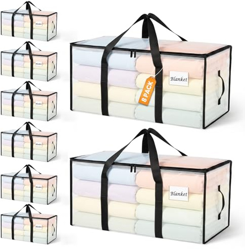 RICHER HOUSE 90L Heavy Duty Moving Boxes, Clothes Storage Bag, 8 Pack,Clear | Foldable, Reusable Moving Bags with Lid & Backpack Straps, Waterproof Packing Bags for College Dorm, Camping, Holiday Decor