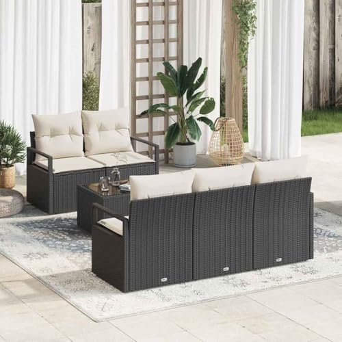 Hoopleep Sofa Set mit Kissen 6-teilig, Schwarz Creme Poly Rattan, Modulares Gartenmöbel-Set, Wetterfest UV-beständig für Terrasse & Außenbereich, Langlebige Sitzgruppe