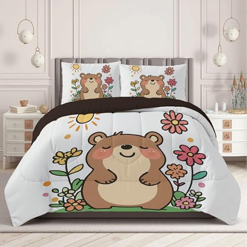 DLERFLOVR Quilted Comforter King Flowers and Animals Ultra-Soft Duvet Insert Cartoon Beaver All Season Down Alternative Reversible Bedding Set with Pillowshams, Machine Washable, Brown