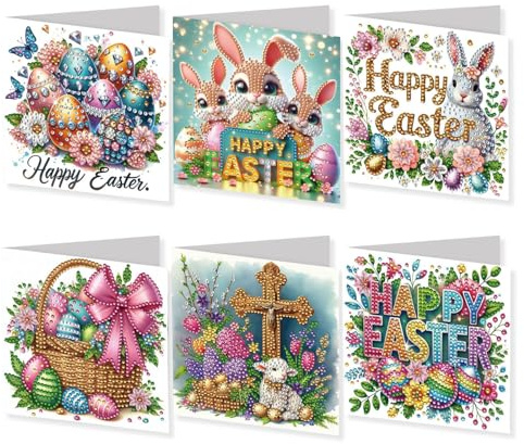 Diamond Painting Ostern Karten, 6 Stück Osterhase Diamond Painting Osterkarten mit Umschlag Osterdeko Ostereier Diamont Pain-ting Frühling Grußkarten Diamant Malerei Geburtstagskarten für DIY (E)