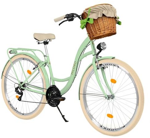 MILORD Damenfahrrad Citybike Komfort Mit Weidenkorb Hollandrad Vintage Fahrrad, 26, 28 Zoll, 21-Gang (Grün-Creme, 28 Zoll)