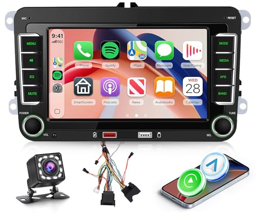 Hodozzy Autoradio per VW Passat Golf Seat Altea Skoda Octavia con Wireless Carplay Android Auto, Touchscreen da 7 pollici con Bluetooth/RDS FM/GPS/USB/SWC/EQ/Mirror Link,Telecamera Posteriore