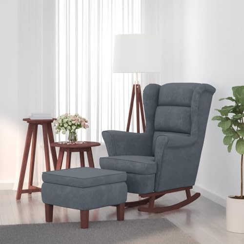 Drillkyn Schaukelstuhl Ohrensessel Dunkelgrau Samt mit Massivholz, Relaxstuhl mit Hocker, Wippe für Wohnzimmer, Babyzimmer, Schlafzimmer, Veranda, komfortable Armlehne und weiche Sitzfläche