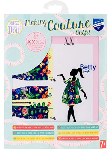 DRESS YOUR DOLL Mini Schneiderpuppe Nähset Anfänger Mit Stoff BETTY JUNGLE Modepuppen Kleidung Nähen Lernen für Kinder Kreatives Hobby für Zuhause ca. 30 x 39 cm Modedesign Puppe Fashion Design Kit