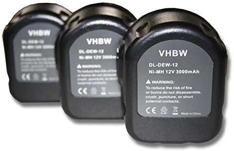 vhbw 3X Akku kompatibel mit Dewalt 2872B | 2861K2, 2852B, 2832K, 2812K, 2812B, 2802K, 2861K-2, 2872K2 Werkzeug (3000 mAh, NiMH, 12 V)