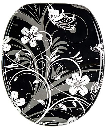 Sanilo Sedile WC, grande scelta di copriwater neri da legno robusto e di alta qualità (Fiore Bianco)